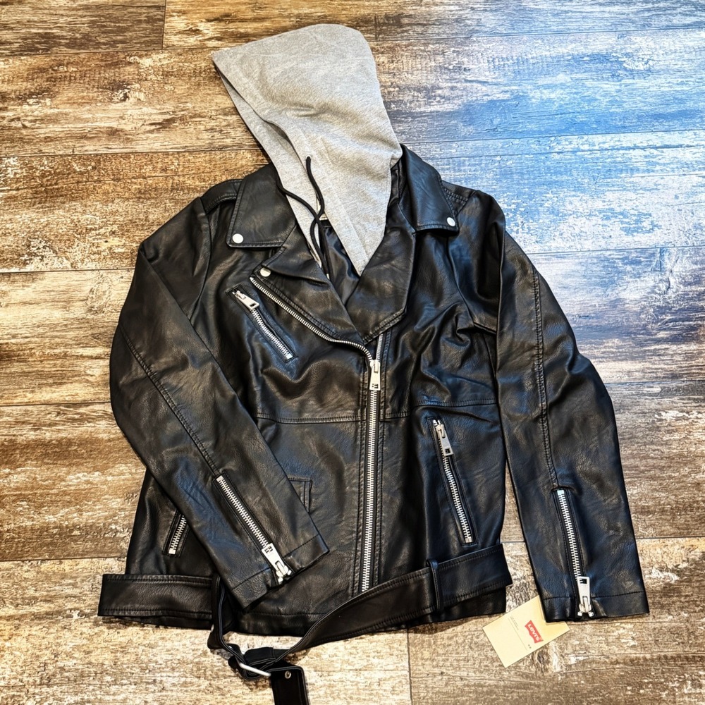 Levi Strauss & Co. Black Faux‎ Leather Moto Jacket Gray Hoodie Womens Medium NEW - Picture 2 of 16